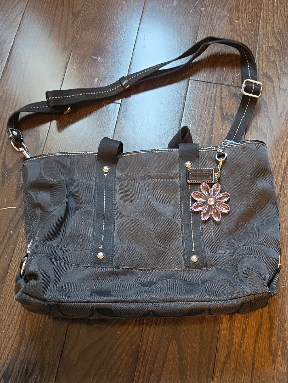 Coach Black Signature Canvas Shoulder Bag with Pink Flower Charm